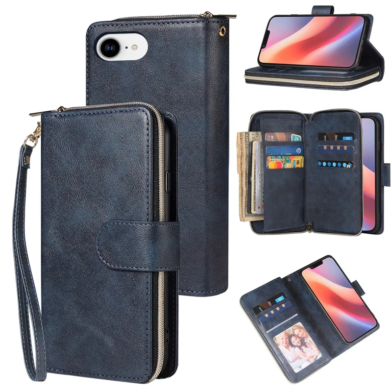 For iPhone 16e Case Zipper Pocket PU Leather Phone Cover with Hand Strap - Blue