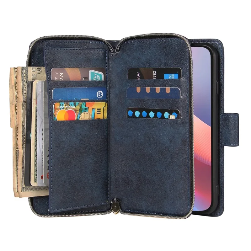 For iPhone 16e Case Zipper Pocket PU Leather Phone Cover with Hand Strap - Blue