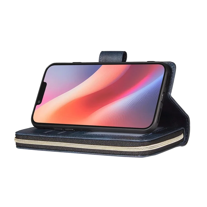 For iPhone 16e Case Zipper Pocket PU Leather Phone Cover with Hand Strap - Blue