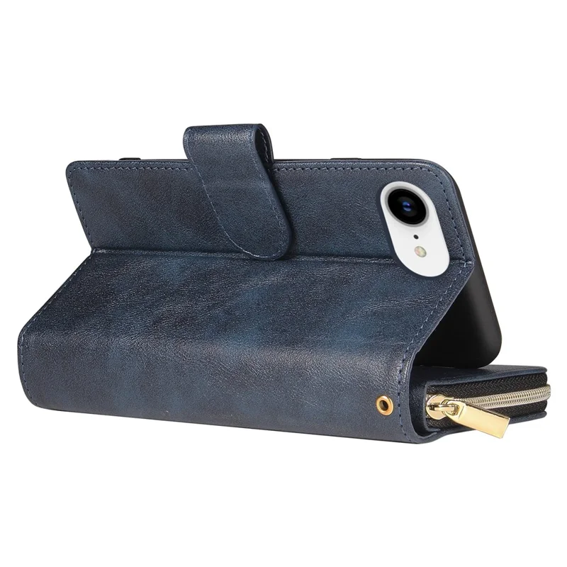 For iPhone 16e Case Zipper Pocket PU Leather Phone Cover with Hand Strap - Blue