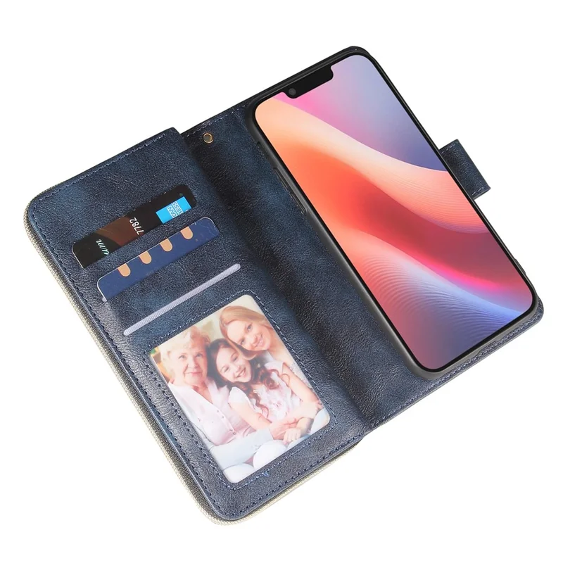 For iPhone 16e Case Zipper Pocket PU Leather Phone Cover with Hand Strap - Blue