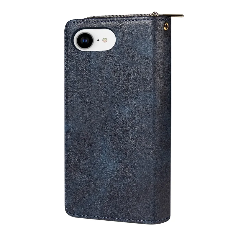 For iPhone 16e Case Zipper Pocket PU Leather Phone Cover with Hand Strap - Blue