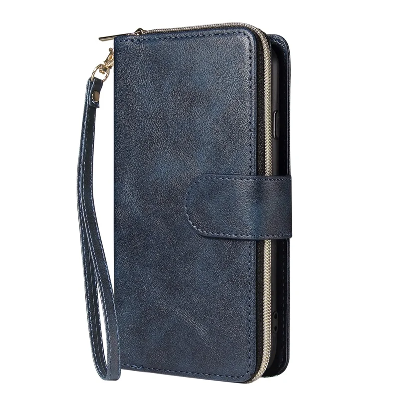 For iPhone 16e Case Zipper Pocket PU Leather Phone Cover with Hand Strap - Blue