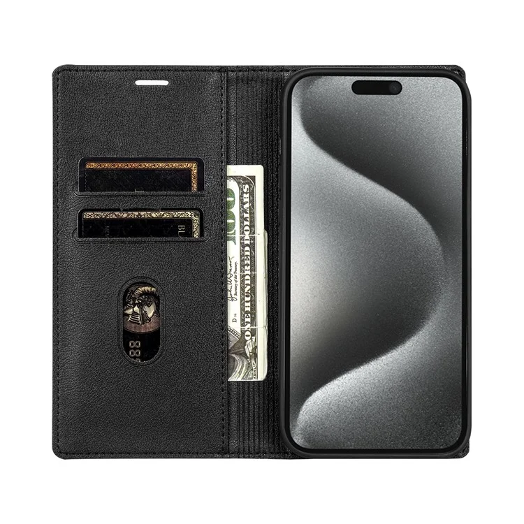 For iPhone 16e Wallet Case Magnetic Closure PU Leather Phone Cover - Black