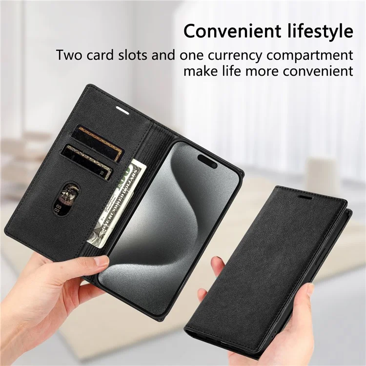 For iPhone 16e Wallet Case Magnetic Closure PU Leather Phone Cover - Black