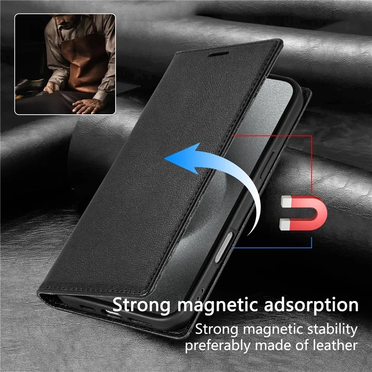 For iPhone 16e Wallet Case Magnetic Closure PU Leather Phone Cover - Black