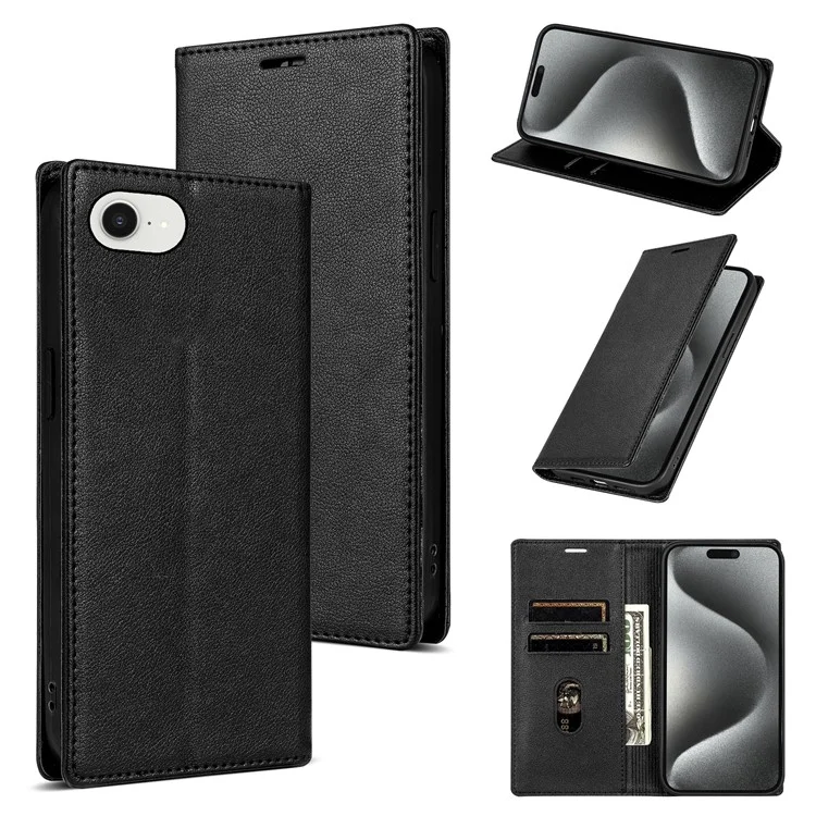 For iPhone 16e Wallet Case Magnetic Closure PU Leather Phone Cover - Black