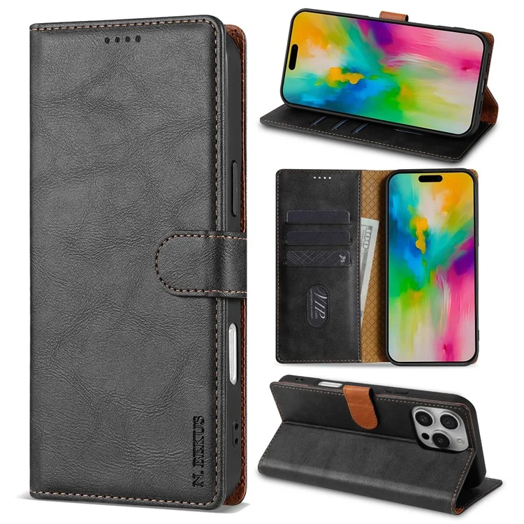 N.BEKUS CSJ-001 Hülle für iPhone 16e aus PU-Leder Brieftasche Handyhülle - Schwarz