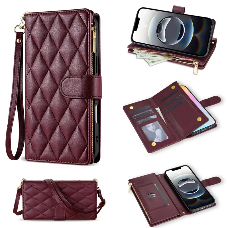 For iPhone 16e Case Rhombus Stitching Leather Wallet Phone Cover with Long  /  Short Strap - Wine Red