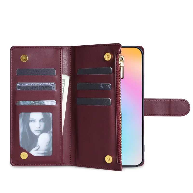 For iPhone 16e Case Rhombus Stitching Leather Wallet Phone Cover with Long  /  Short Strap - Wine Red