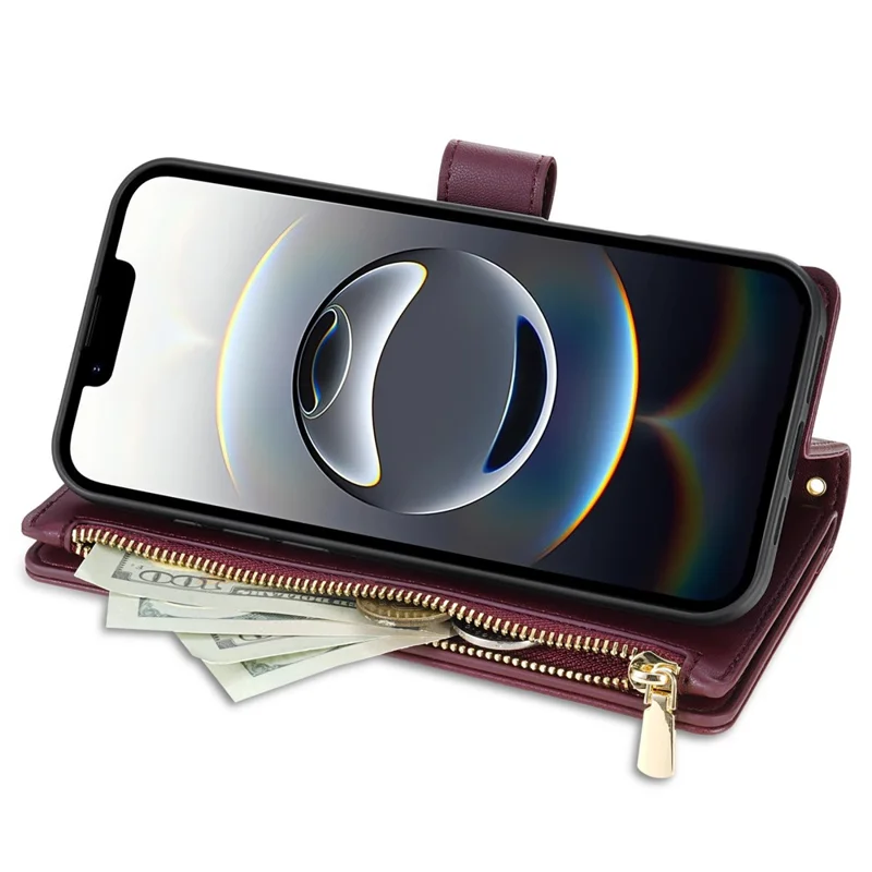 For iPhone 16e Case Rhombus Stitching Leather Wallet Phone Cover with Long  /  Short Strap - Wine Red