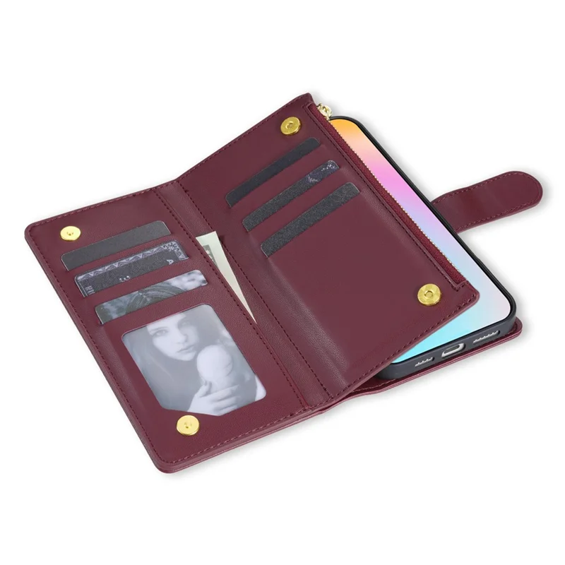 For iPhone 16e Case Rhombus Stitching Leather Wallet Phone Cover with Long  /  Short Strap - Wine Red