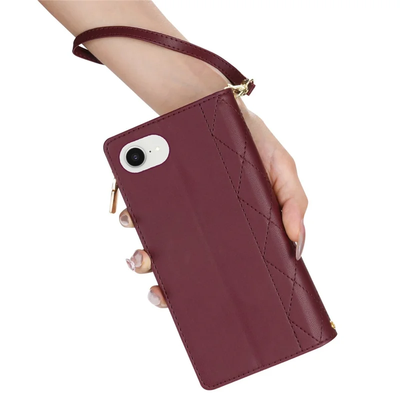 For iPhone 16e Case Rhombus Stitching Leather Wallet Phone Cover with Long  /  Short Strap - Wine Red