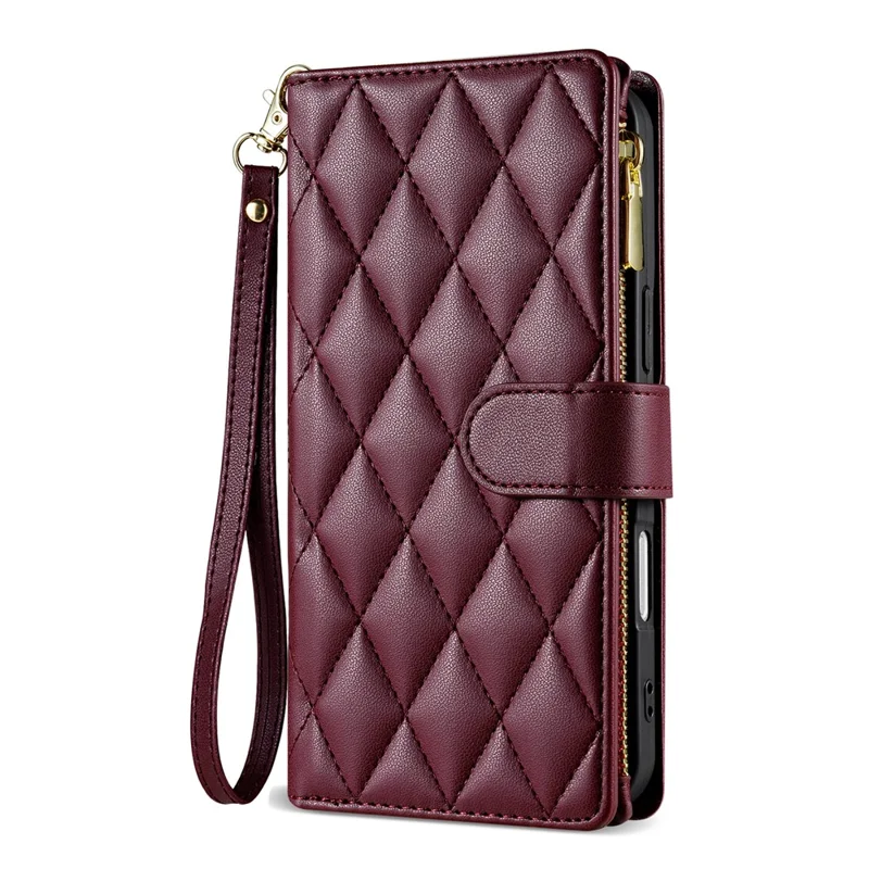 For iPhone 16e Case Rhombus Stitching Leather Wallet Phone Cover with Long  /  Short Strap - Wine Red