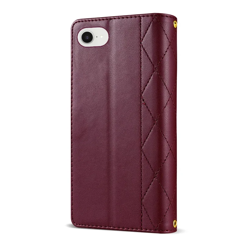 For iPhone 16e Case Rhombus Stitching Leather Wallet Phone Cover with Long  /  Short Strap - Wine Red