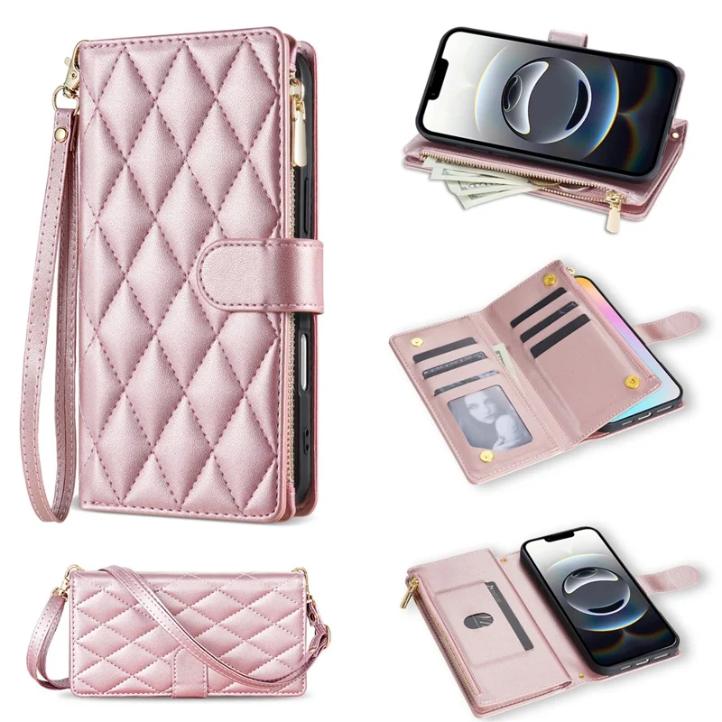 For iPhone 17e / 16e Case Rhombus Stitching Leather Wallet Phone Cover with Long  /  Short Strap - Rose Gold