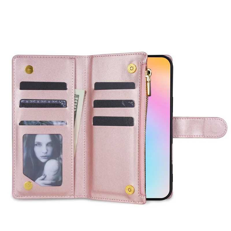 For iPhone 17e / 16e Case Rhombus Stitching Leather Wallet Phone Cover with Long  /  Short Strap - Rose Gold