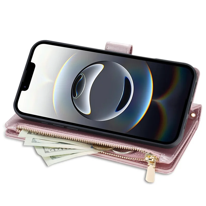 For iPhone 17e / 16e Case Rhombus Stitching Leather Wallet Phone Cover with Long  /  Short Strap - Rose Gold