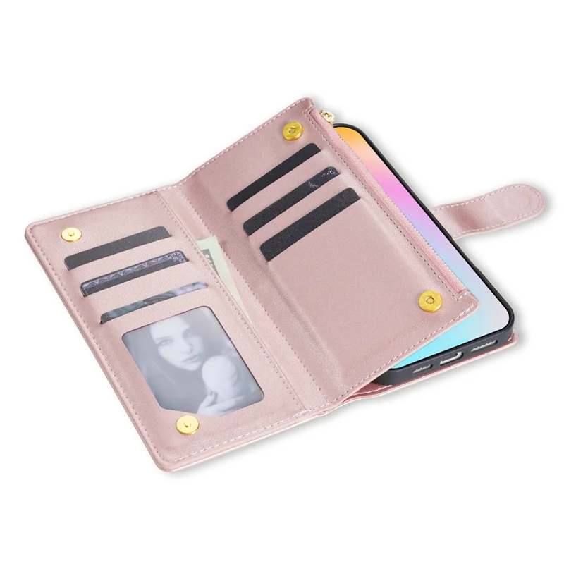 For iPhone 17e / 16e Case Rhombus Stitching Leather Wallet Phone Cover with Long  /  Short Strap - Rose Gold