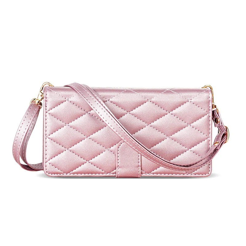 For iPhone 17e / 16e Case Rhombus Stitching Leather Wallet Phone Cover with Long  /  Short Strap - Rose Gold