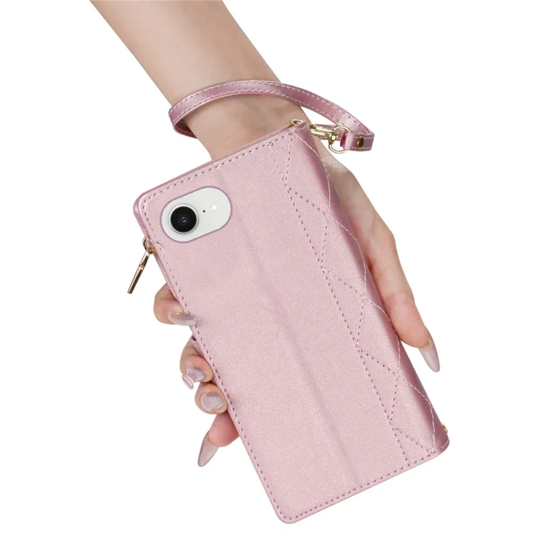 For iPhone 17e / 16e Case Rhombus Stitching Leather Wallet Phone Cover with Long  /  Short Strap - Rose Gold