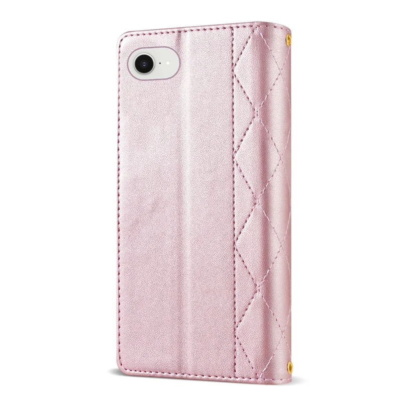 For iPhone 17e / 16e Case Rhombus Stitching Leather Wallet Phone Cover with Long  /  Short Strap - Rose Gold
