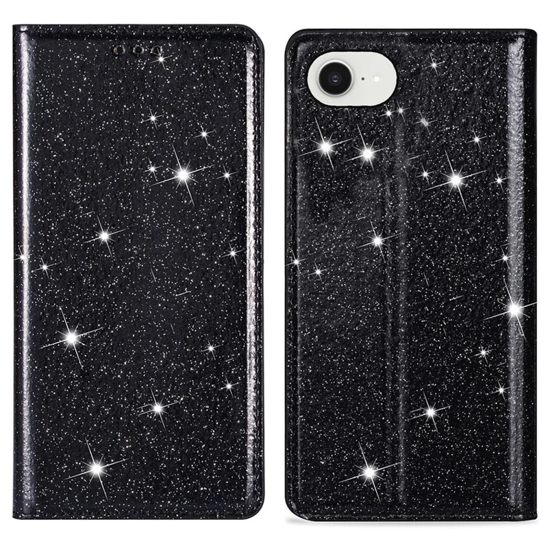 Hoesje voor iPhone 16e Glitter PU-leer + TPU met kaartvak - Zwart
