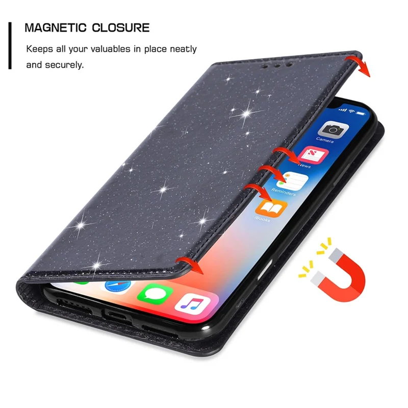 Hoesje voor iPhone 16e Glitter PU-leer + TPU met kaartvak - Zwart