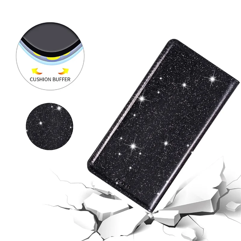 Hoesje voor iPhone 16e Glitter PU-leer + TPU met kaartvak - Zwart