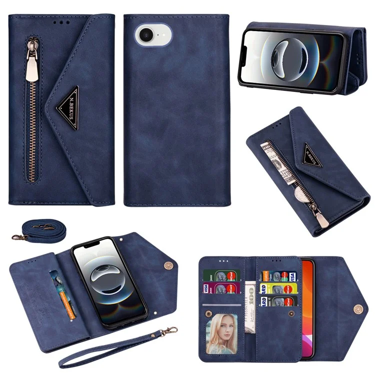 N.BEKUS For iPhone 16e Cases Skin-Touch Leather Wallet Phone Cover with Straps - Blue