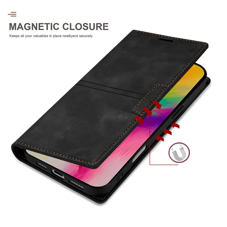 For iPhone 16e Wallet Case Magnetic Closing Leather Phone Cover - Black