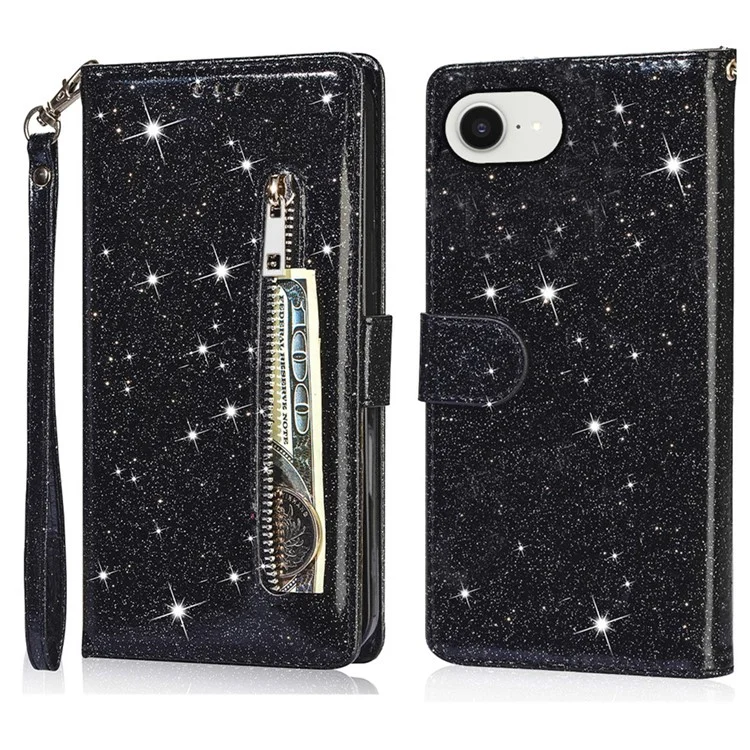 For iPhone 16e Stand Case Glitter Phone Leather Cover Zipper Pocket - Black