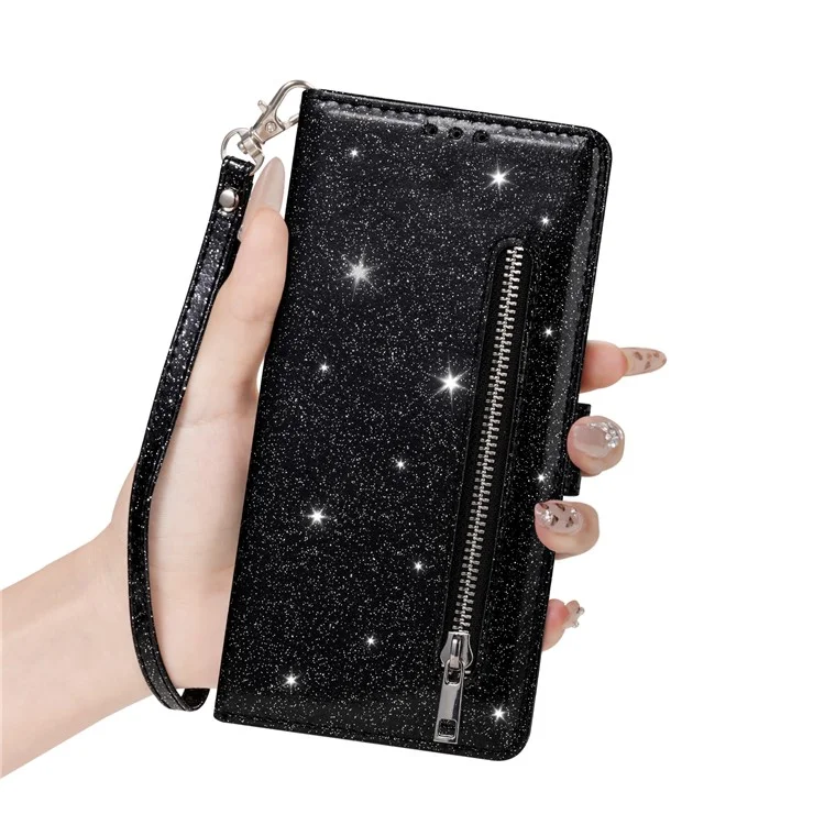 For iPhone 16e Stand Case Glitter Phone Leather Cover Zipper Pocket - Black
