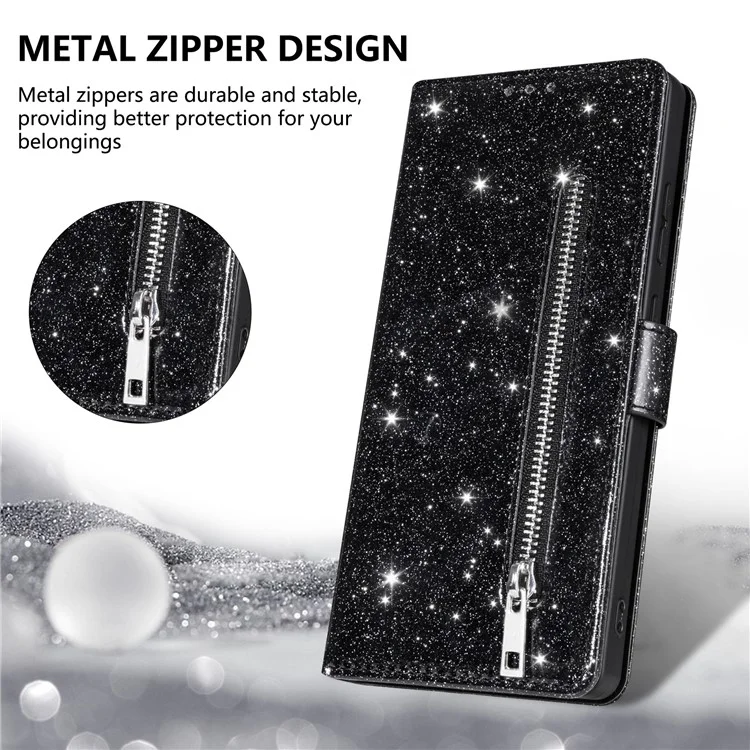 For iPhone 16e Stand Case Glitter Phone Leather Cover Zipper Pocket - Black