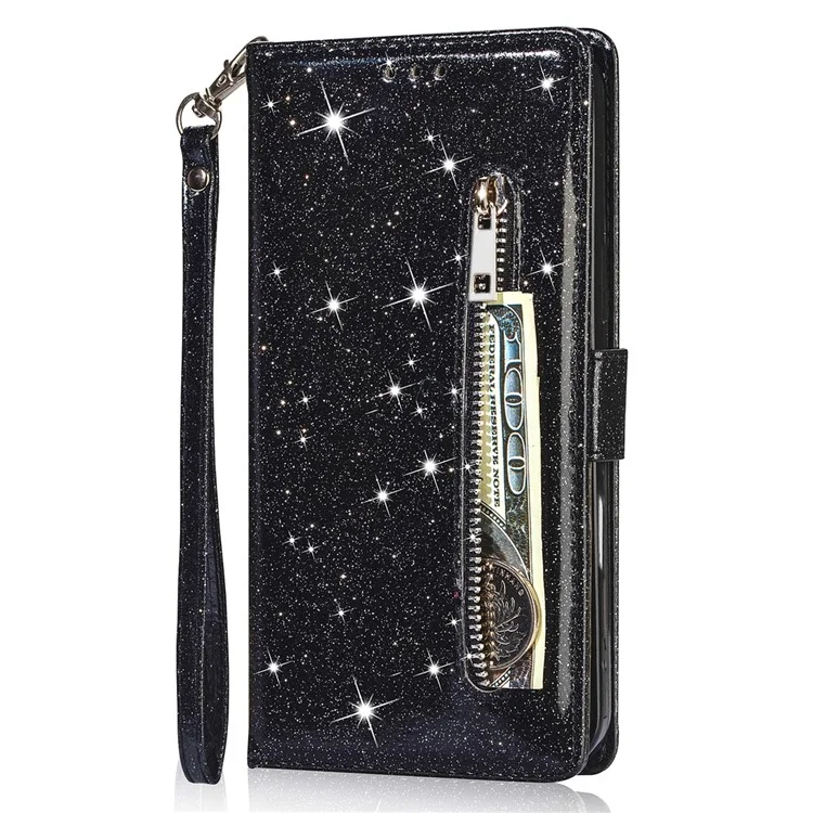 For iPhone 16e Stand Case Glitter Phone Leather Cover Zipper Pocket - Black