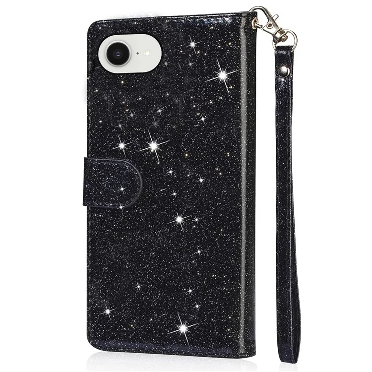 For iPhone 16e Stand Case Glitter Phone Leather Cover Zipper Pocket - Black