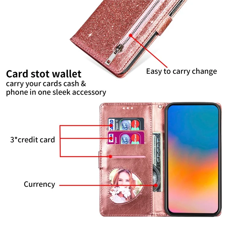 Custodia in pelle con cerniera e glitter per iPhone 16e - Oro rosa