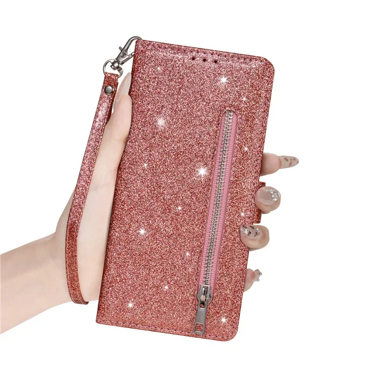 Custodia in pelle con cerniera e glitter per iPhone 16e - Oro rosa