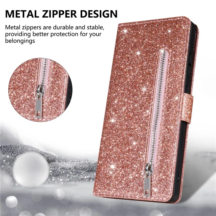 Custodia in pelle con cerniera e glitter per iPhone 16e - Oro rosa