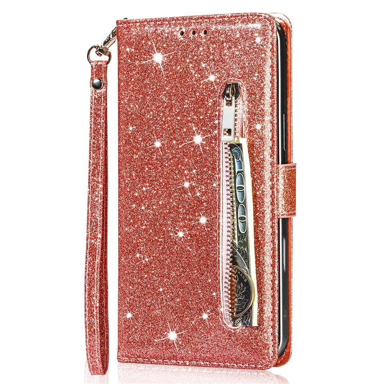 Custodia in pelle con cerniera e glitter per iPhone 16e - Oro rosa