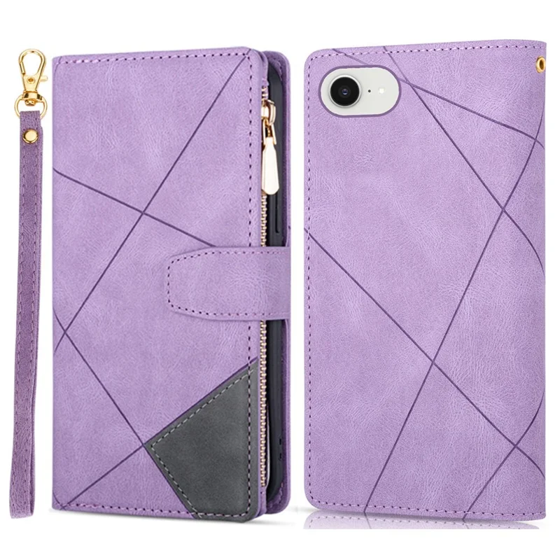For iPhone 16e Wallet Case Color Splicing Leather Phone Cover with Stand - Purple