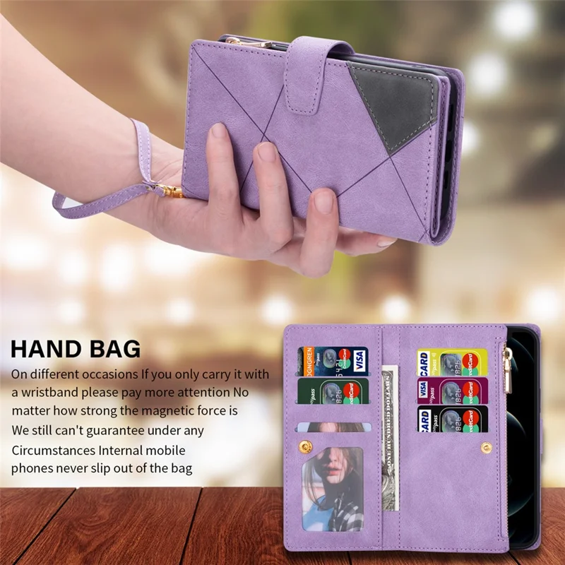 For iPhone 16e Wallet Case Color Splicing Leather Phone Cover with Stand - Purple