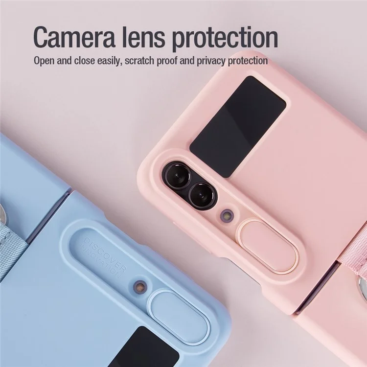 NILLKIN für Samsung Galaxy Z Flip4 5G Kameraobjektiv-Schiebe-Cover Design Flüssigsilikon Handyhülle Stoßfeste Schutzhülle mit Fingerring - Rosa