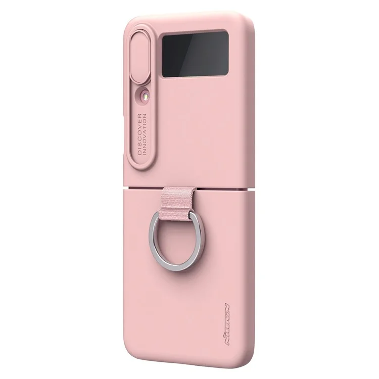 NILLKIN für Samsung Galaxy Z Flip4 5G Kameraobjektiv-Schiebe-Cover Design Flüssigsilikon Handyhülle Stoßfeste Schutzhülle mit Fingerring - Rosa