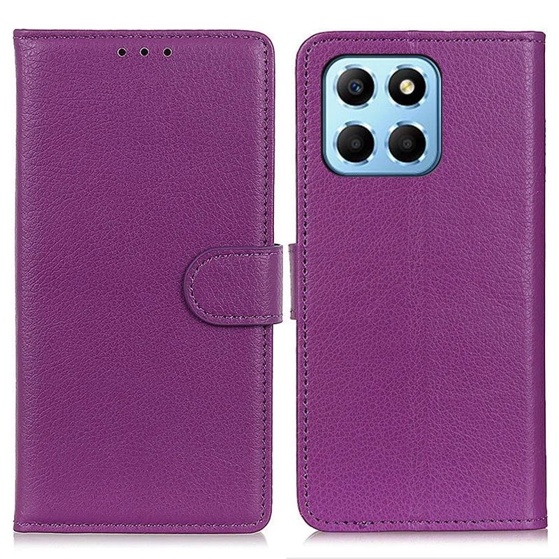 Litchi Texture Phone Cover for Honor X8 5G, Anti-scratch PU Leather Folio Flip Wallet Stand Protective Case - Purple
