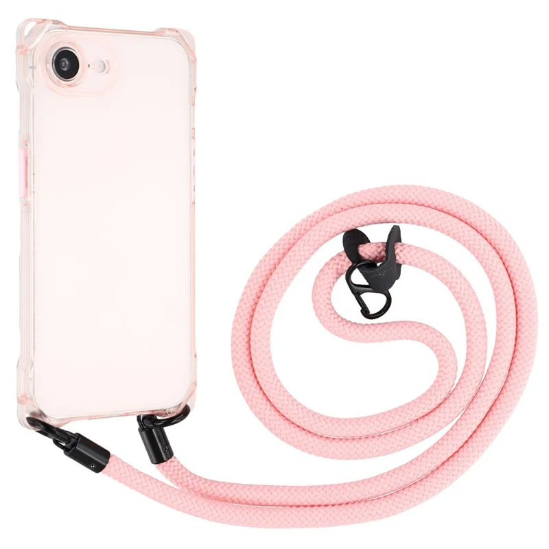 For iPhone 16e Phone Case Four Corner Drop-Proof TPU Back Cover with Long Strap - Pink