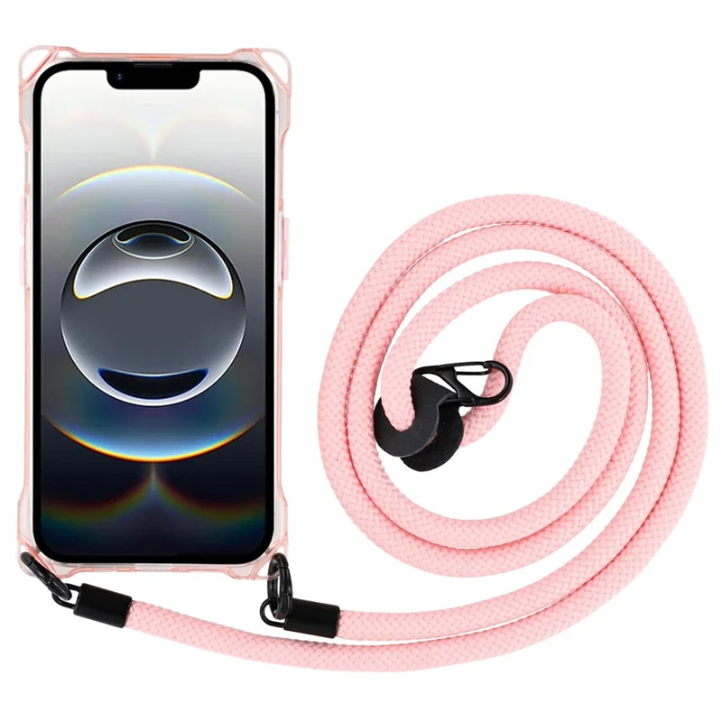 For iPhone 16e Phone Case Four Corner Drop-Proof TPU Back Cover with Long Strap - Pink