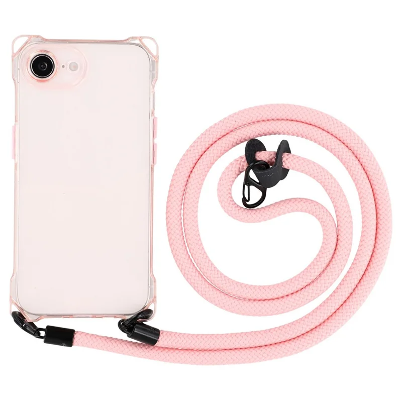 For iPhone 16e Phone Case Four Corner Drop-Proof TPU Back Cover with Long Strap - Pink
