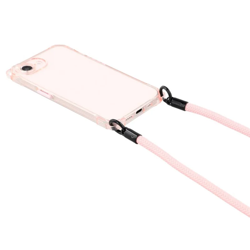 For iPhone 16e Phone Case Four Corner Drop-Proof TPU Back Cover with Long Strap - Pink