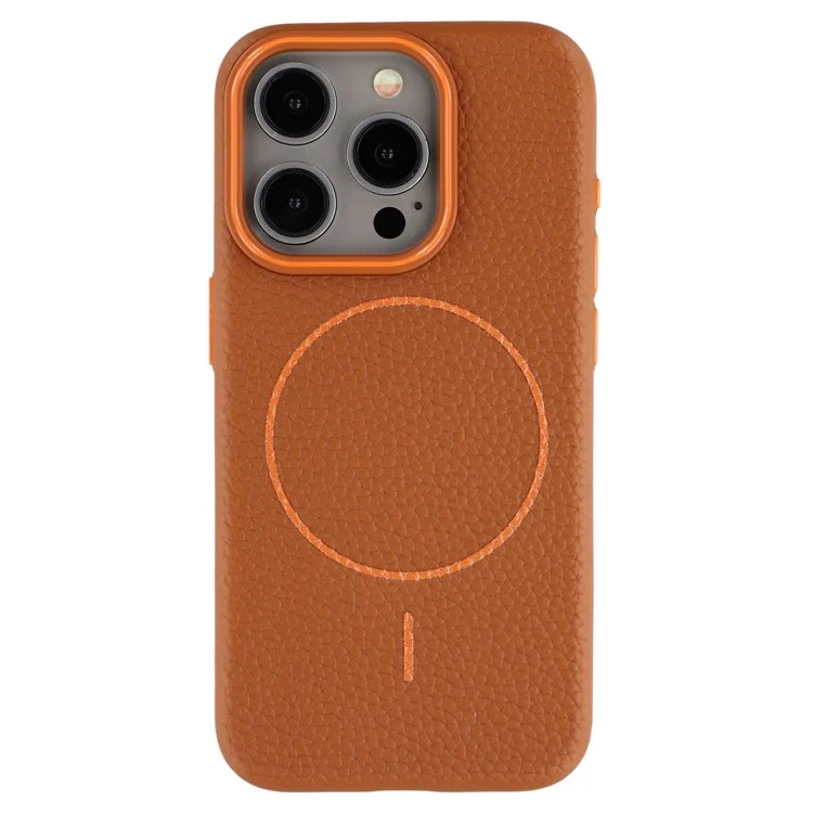 For iPhone 15 Pro Magnetic Case Litchi Texture TPU Phone Cover Compatible with MagSafe - Brown
